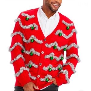 Red Tipsy Elves Ugly Christmas Cardigan Sweater silver tinsel Ornaments L v-neck